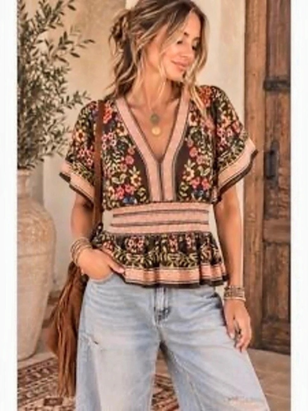 Rose + Olive Floral Peplum Blouse in Brown & Pink Size Medium